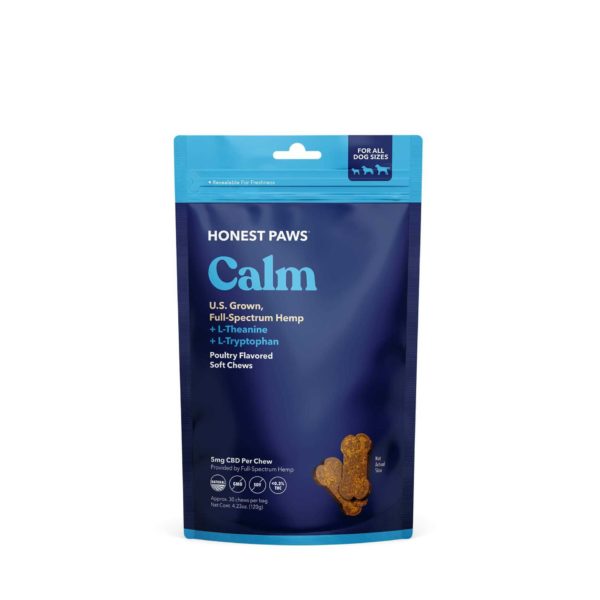 Front of Package of Calm Hemp Soft Chews for Dogs by Honest Paws