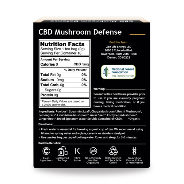 Back of Buddha Teas CBD Mushroom Defense Organic Herbal Tea Box