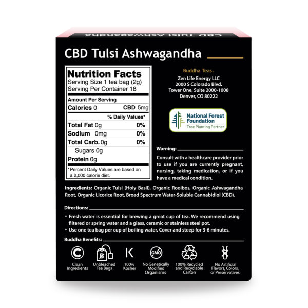 Back of Buddha Teas Tulsi Ashwagandha CBD Herbal Tea Box