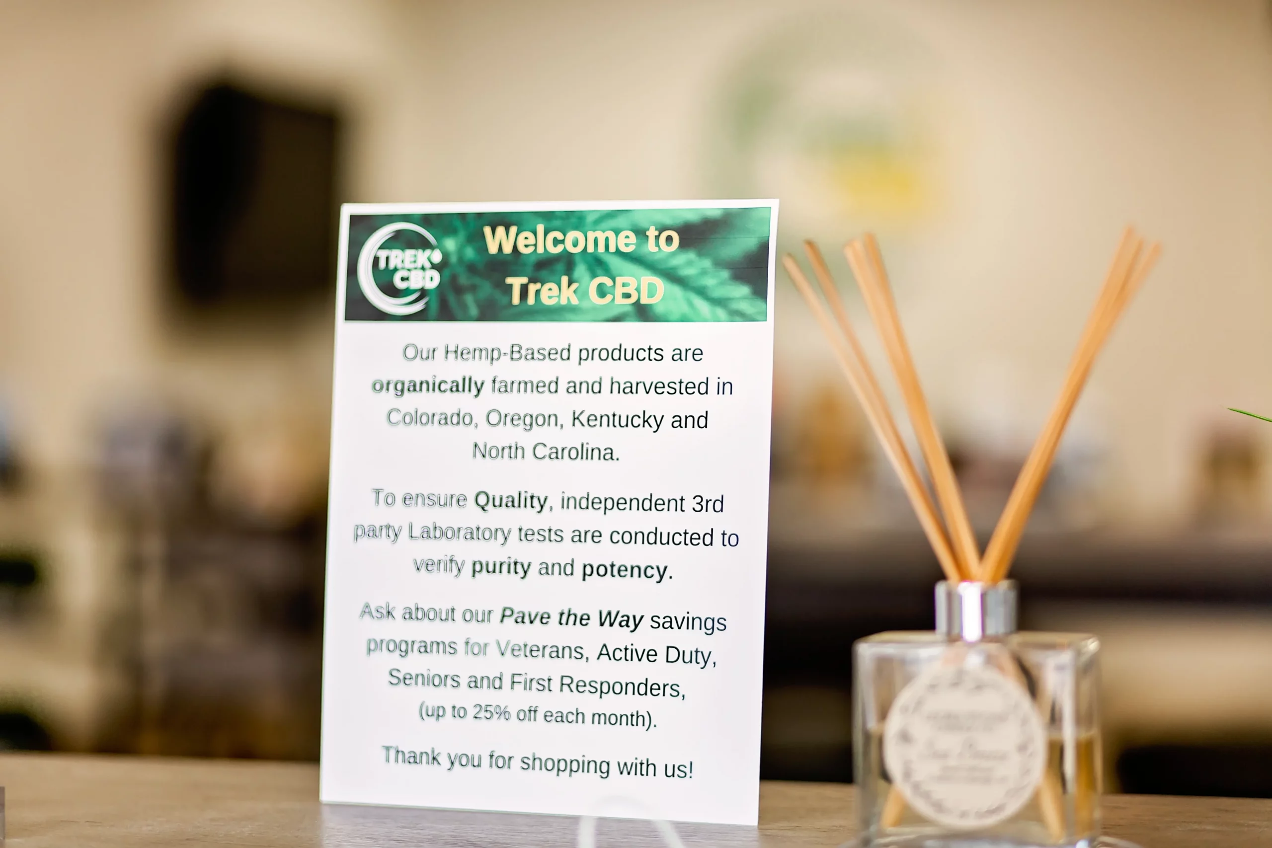 The welcome sign at the Wake Forest store for Trek CBD